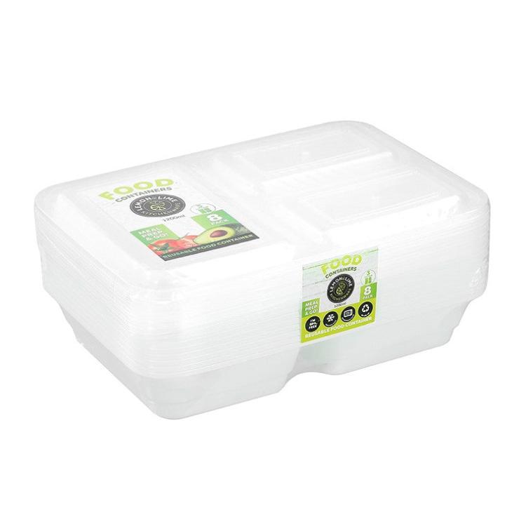 Food Containers | L&L Food Prep 3 Section Containers, 1200ml, 8pk