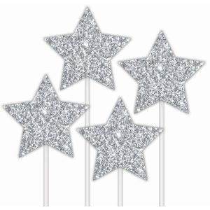 Tableware | Cake Topper Glitter Stars Silver, 4pk Party Tableware